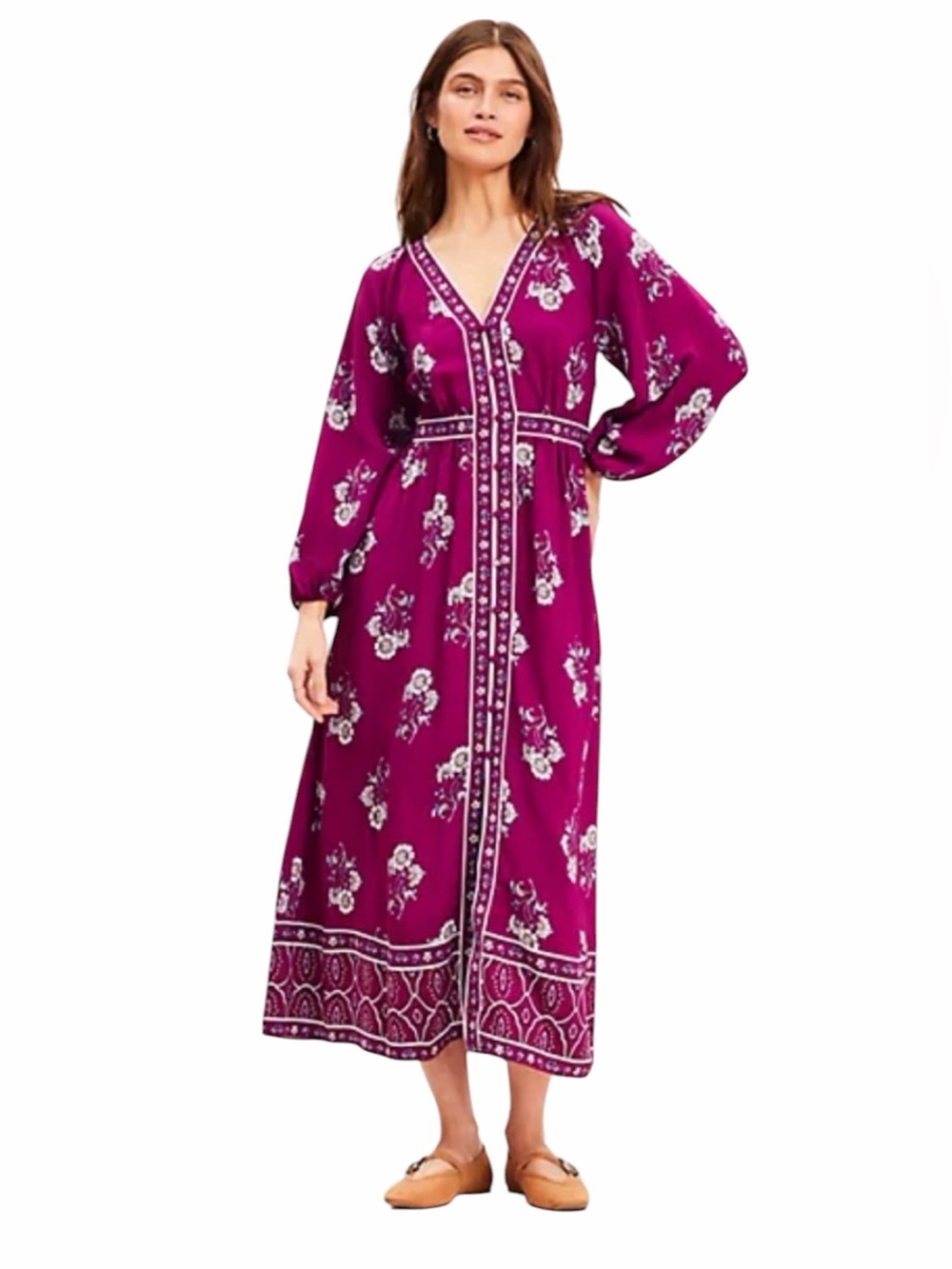 LOFT - NWT Floral Puff Sleeve Button Front Midi Dress Purple NWT Sz 10